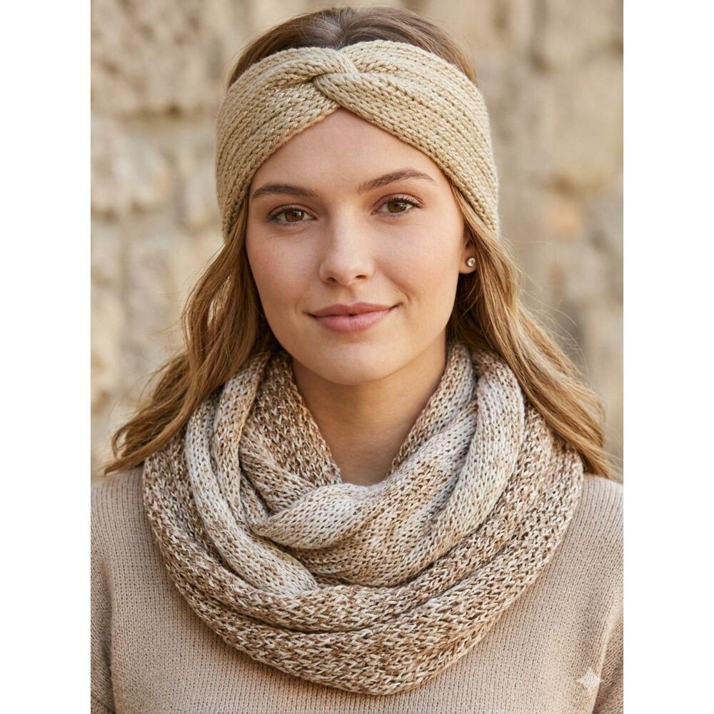 MIXIT Infinity Scarf & Headband Set, Beige Brown, Sparkle, Knit, O/S